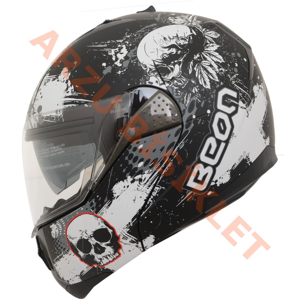 BEON- ÇENE AÇILIR VİZÖRLÜ KASK [B700] [SİYAH -KURU KAFA DESENLİ] [S]